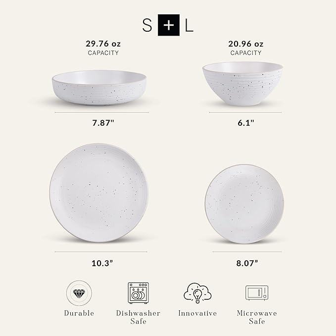 Stone Lain Lauren Modern Stoneware 32-piece Round Dinnerware Set, Plates and Bowls Set, Dish set for 8, Off White