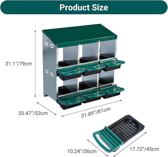 GarveeHome 2-Tier Chicken Nesting Box, 6 Compartment Metal Chicken Laying Boxes with Waterproof Roof ＆ Removable Trays for Hens, Poultry，Easy Egg Collection