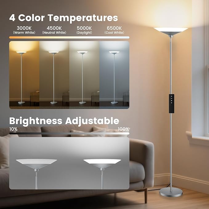 Silver Torchiere Floor Lamp - 30W Dimmable LED Standing Lamp