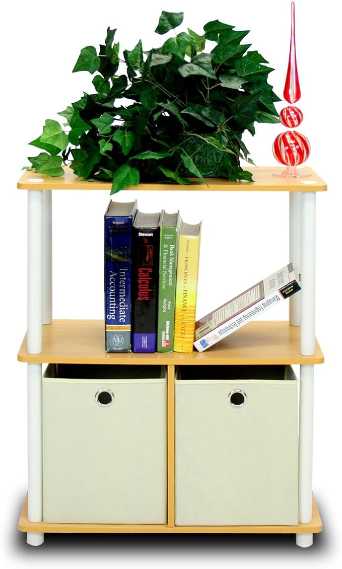 Furinno Go Green 3-Tier 2-Bin Multi-Purpose Storage Shelf (Set of 2), Beech