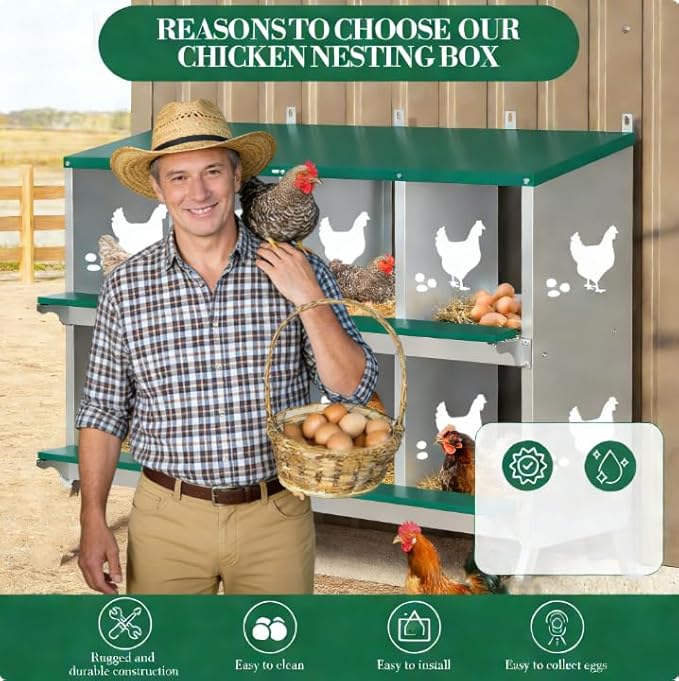 Chicken Nesting Box 8 Compartment with 10 Pet Moisture Pads and 4 Fake Eggs Roll Away Egg Collection, Perch, Lid Cover for Egg Protection - Wall Mount Nest Box for Chickens, Hens, Ducks