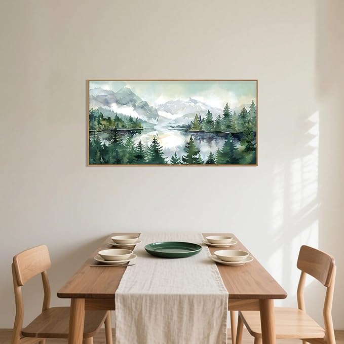 Celestdeco Watercolor Mountain Framed Canvas Wall Art Set, Boho Forest Wall Decor, Nature Green Pines Wall Painting, Forest Wilderness Artwork for Living Room, Bedroom, Dining Room, Office - 20"x40"x1
