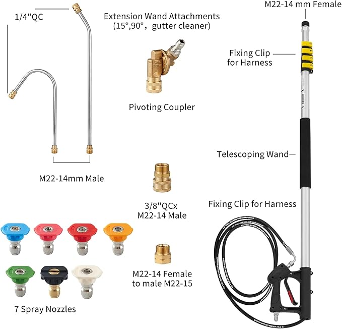 22 FT Telescoping Pressure Washer Wand with Power Washer Extension Wand, Gutter Cleaner Attachment, 5 Spray Nozzle Tips and 2 Hose Inlet Adapters