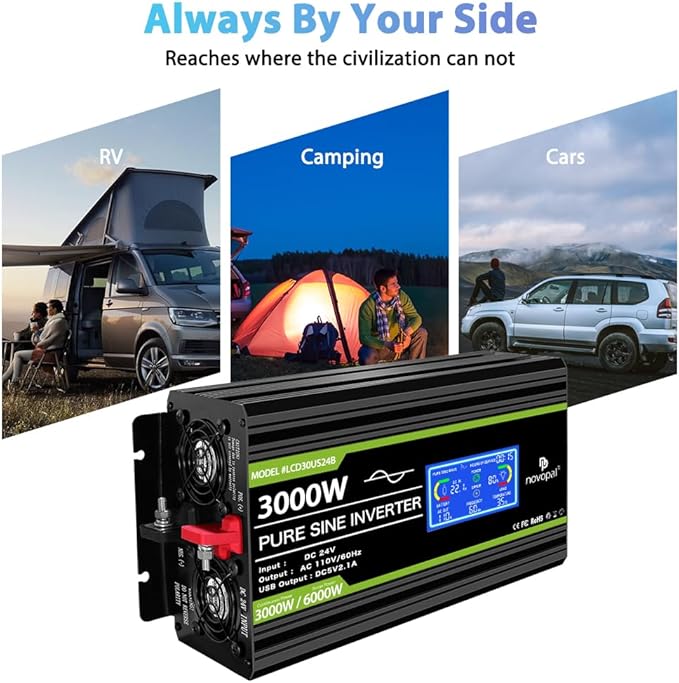 NOVOPAL 3000 Watt Pure Sine Wave Power Inverter 24V to 110V 120V Rv Inverters with 3 AC Outlets,High Power AC Terminal-16 ft Remote Control, LCD Display for Truck, Hurricane, Home
