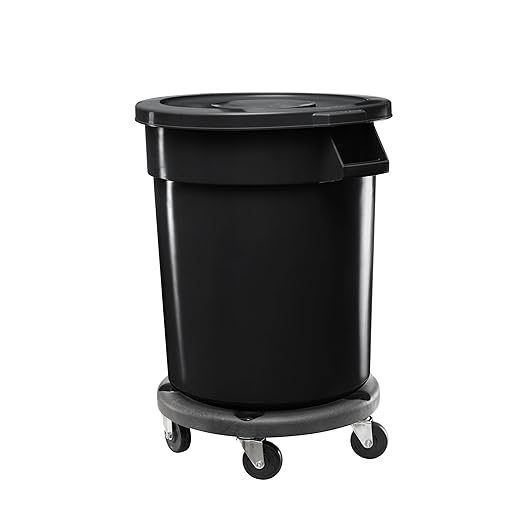 Feed and Seed Storage Container, 20 Gallon Black Round Commercial Trash Can with Lid and Dolly, Food Storage Plastic Bin, Use in Agricultural, Gardening, or Household