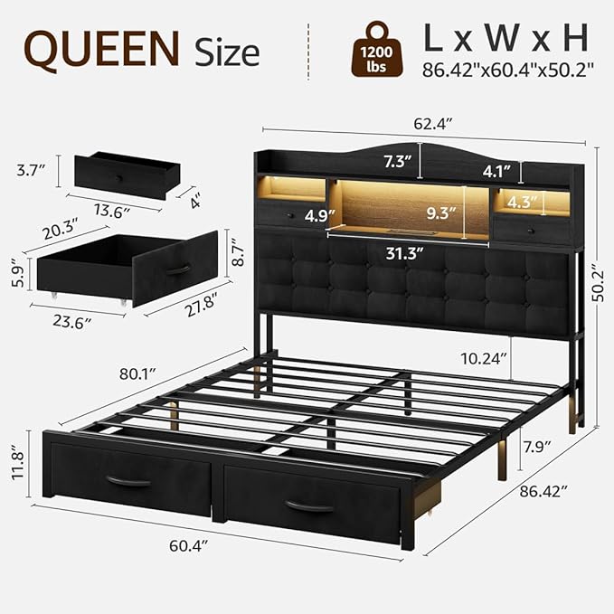 Queen Bed Frame with Storage Headboard and Drawers, Metal Platform Black Bed
