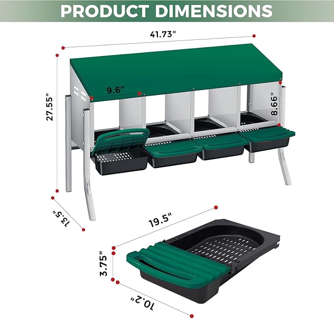 4-Hole Chicken Nesting Box, Roll Away Nest with Removable Tray, Easy Egg Collection & Cleaning, Wall-Mount Nesting Boxes for Hens, Chicken Coop - Green