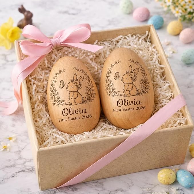 Personalized Wooden Easter Egg – Custom Engraved Bunny Name Egg, Baby First Easter Keepsake Gift, Rustic Wood Bunny Decor, Cute Basket Stuffer for Kids, Spring Holiday Gift for Baby Boy Girl/6
