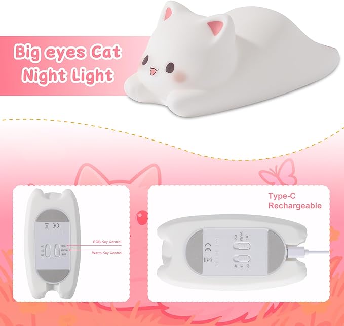 ZKLiLi Night Light for Kids Lamp, 16 Colors Cat Lamp Cute Lamp, Dimmable Baby Night Lights for Nursery,Silicone Rechargeable Nightlight for Kids Room, Kawaii Room Decor Cat Decor,Cute Gifts for Girls