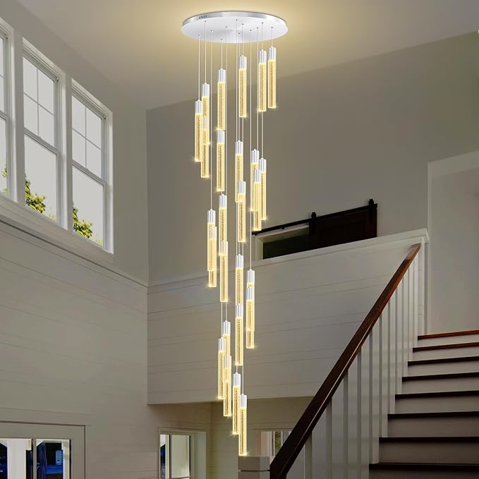 12FT High Ceiling LED Crystal Chandelier 26-Lights Modern Dimmable Pendant