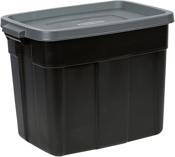 Rubbermaid Roughneck Tote 3 Gal, 6 Pack, Made in USA, Black & Gray, Rugged Plastic Stackable Storage Bins with Lids and Handles