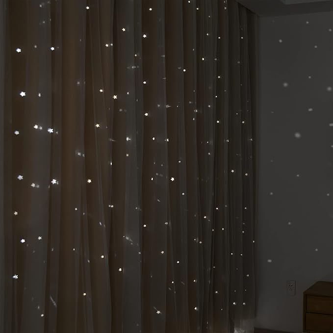 Kinryb Kids Blackout Curtains for Bedroom/Living Room/Classroom, Sheer Overlay 2 Panel Set, Double Layer Curtains with Star Cutout for Kids Room(Each Piece W 70 x L 72 Inches 2 Pcs Beige)