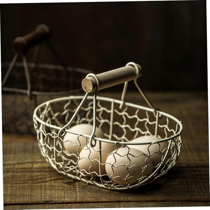 2pcs Vintage Metal Mesh Storage Baskets with Wooden Handles, Multi-function Fruit and Egg Organizer for Kitchen Counter and Harvesting, Farmhouse Style Wire Basket Set