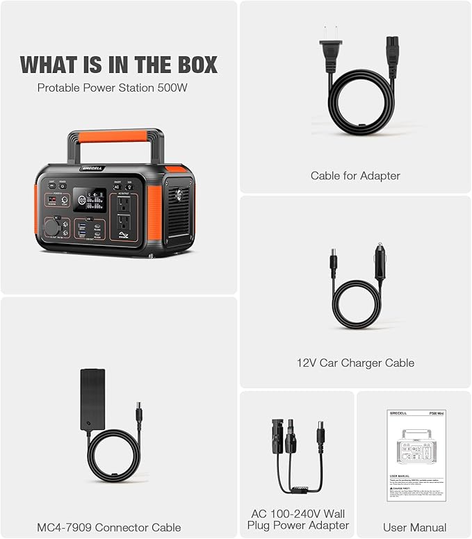 GRECELL 500W Portable Power Station 444Wh Solar Generator with 110V Pure Sine Wave AC Outlet/PD60W, 1000W Peak power station for Camping Trip RV Outdoor Home Emergency Backup & Solar Powered