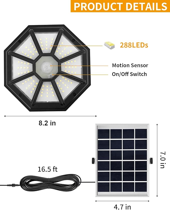 Solar Shed Light Indoor Outdoor 288LED 360°Lighting Solar Lights Work in Daytime