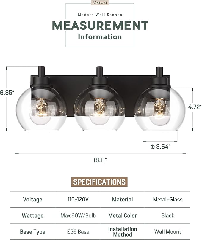 Bathroom Light Fixtures, 3-Light Matte Black Vanity Light, Modern Wall Sconces