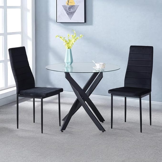 Round Tempered Glass Dining Table for 2-4 with Metal Legs, 35.5 in Modern Small Kitchen Table for Kitchen Dining Room (Black)