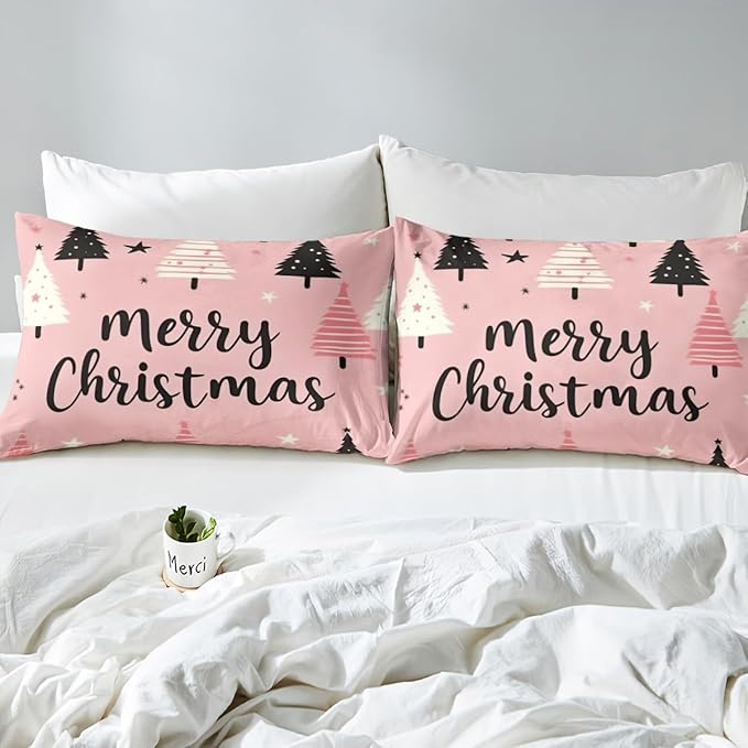 Feelyou Merry Christmas Bedding Set Christmas Tree Duvet Cover for Kids Boys Girls Stars Print Comforter Cover Pink Christmas Bedspread Cover with 1 Pillowcase 2Pcs Bedding Twin,No Comforter