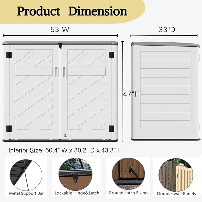 ZZM Large Outdoor Storage Shed, 48 Cu Ft Resin Versatile Storage Cabinet for Patio Accessories, Trash Cans & Garden Tools, Durable Horizontal Storage Box with Lockable Lid (White)