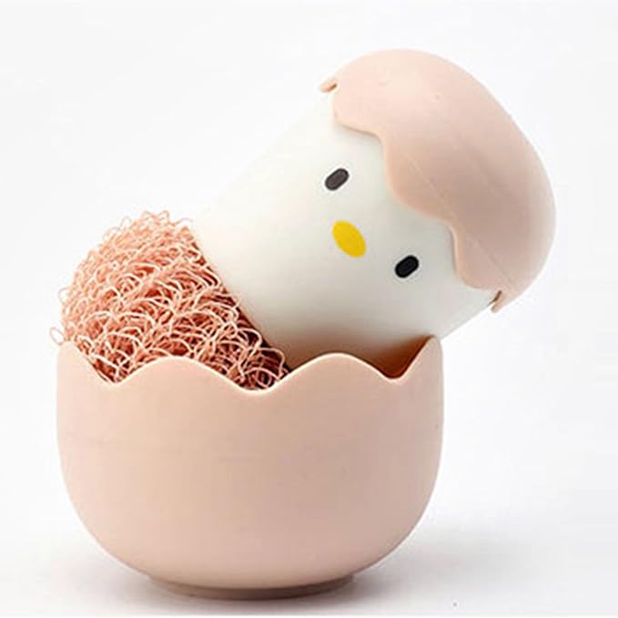 2PC Kitchen Cleaning Brush Eggshell Chicken Dish Potato Vegetable Scrubber Fruit, Cute Cartoon Kitchen Cleaning Scrubbers, Detachable Handle and Fiber Ball, Multipurpose Dish Pot Washing Tool (#2)