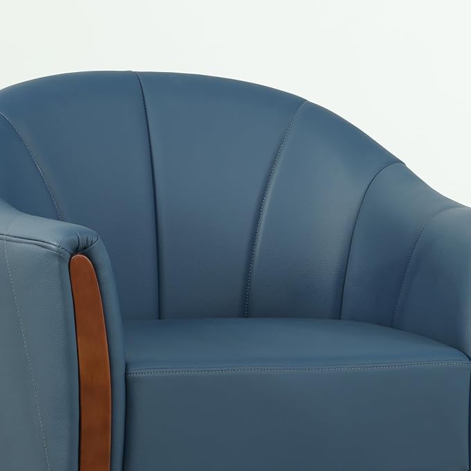 360° Swivel Accent Chair, Modern Leather Barrel Club Chair with Leather Upholstery and Sturdy Wood Base, Comfortable Armchair for Living Room, Bedroom, Reading Nook, Blue
