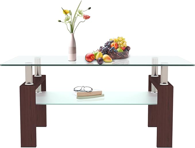 Glass Coffee Table for Living Room, Mordern Sofa Center Tables with Storage, Brown Metal Leg, Rectangle Tempered Glass Center Table Home Furniture