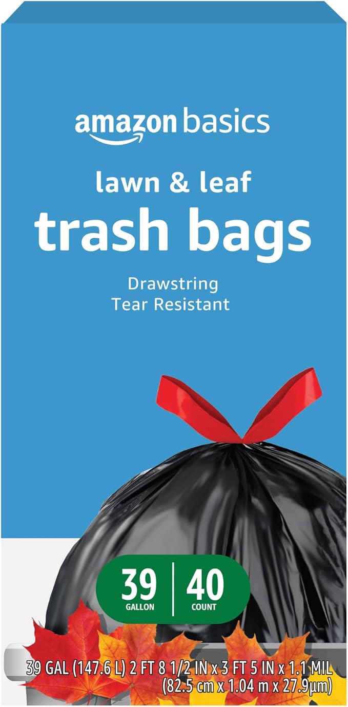 Amazon Basics Lawn & Leaf Drawstring Trash Bags, 39 Gallon, 40 Count