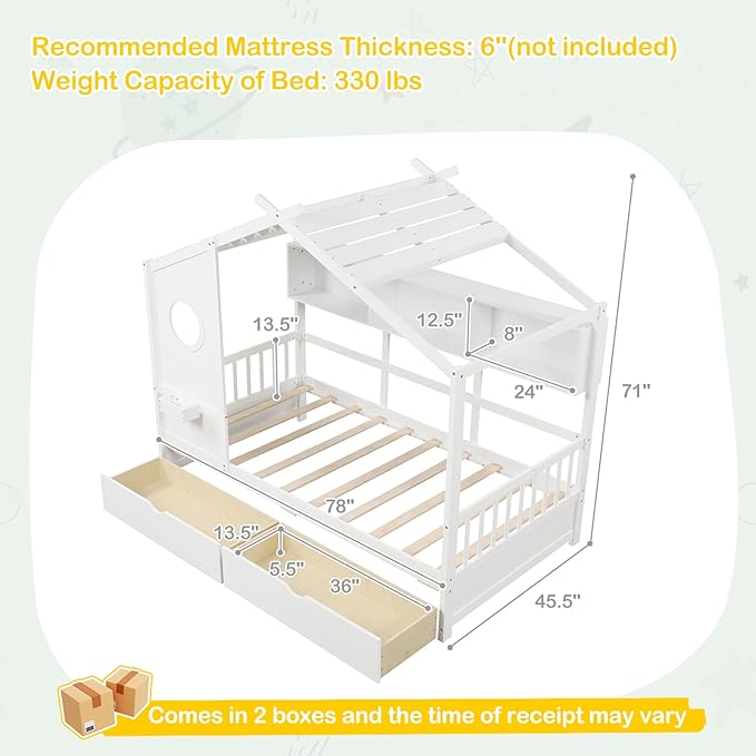 KOMFOTT Twin Size Wood House Bed with 2 Drawers, Wooden Bed Frame with Cube Storage & Fence Rails, Wooden Platform Twin Bed Frame with House-Shaped Roof for Bedroom, No Box Spring Needed (White)