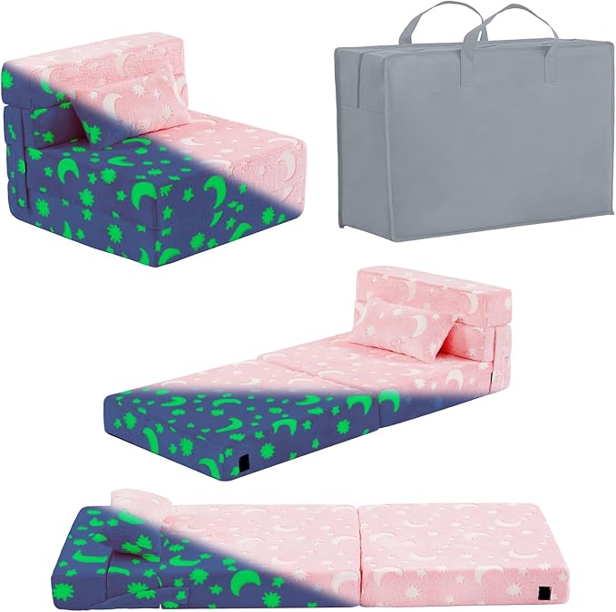 Folding Sofa Bed Floor Mattress for Kids with Pillow, Toddler Glow Washable Folding Floor Nap Mat for Sleeping, Child Fold Up Sofa Futon Chair Bed with Storage Bag for Girls Boys