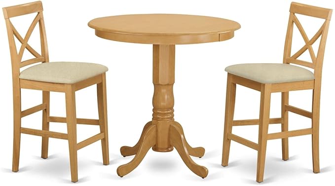 East West Furniture JAPB3-OAK-C 3 Piece Counter Height Pub Set Contains a Round Dining Room Table with Pedestal and 2 Linen Fabric Upholstered Chairs, 36x36 Inch, Oak
