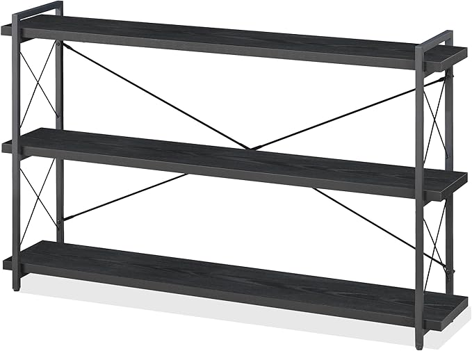 HCHQHS Bookshelf, 3-Tier Long Industrial Bookcase, Black Open Book Shelf, Freestanding Horizontal Bookshelves with Metal Frame