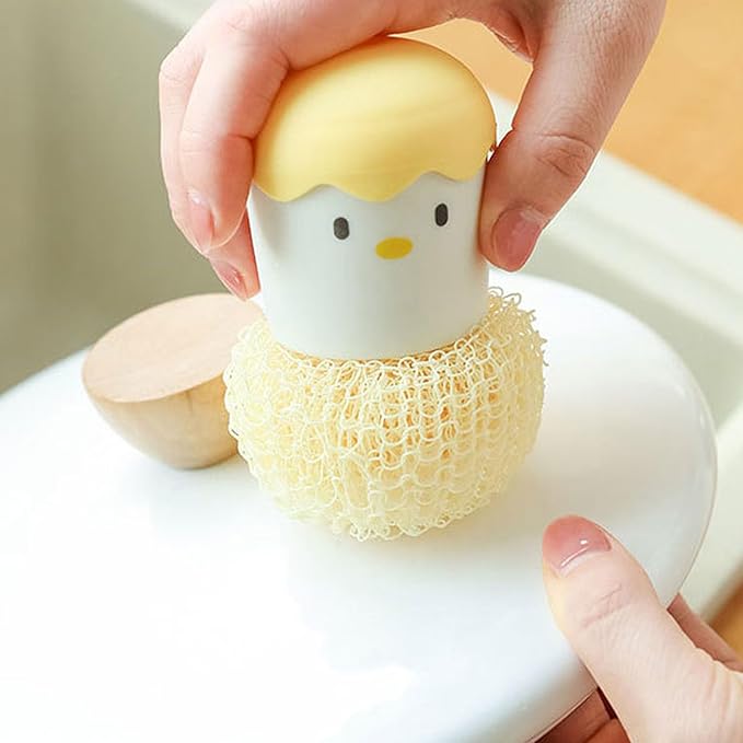 Eggshell Chicken Cleaning Brush Cartoon Kitchen Scrubber Fiber Ball Head Detachable Handle for Bowls Pots Dishwashing PP Material (Yellow)