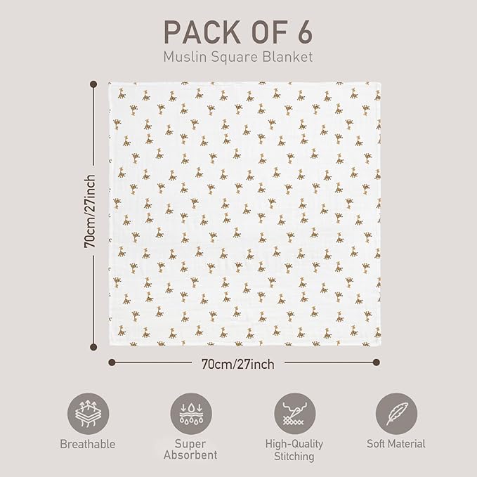 GLLQUEN BABY Receiving Blanket Boy Cotton Muslin Swaddle Blankets Girl Newborn Squares Breathable & Soft Thin Baby Blankets Cloths Double Absorbent Infant Swaddling Wrap - 6 Pack (Giraffe)