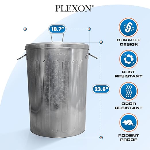 Plexon 20 Gallon Metal Trash Can with Lid Outdoor Galvanized Steel Large Garbage Can, 3 Pack