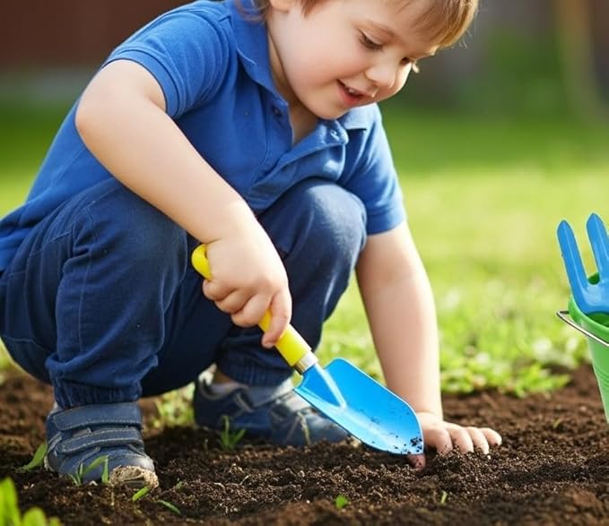 JustForKids 2 Pack Garden Tool Set – Green & Blue Metal Pails with Mini Shovel, Rake & Cultivator, Wooden Handles – Outdoor Gardening Tools for Kids