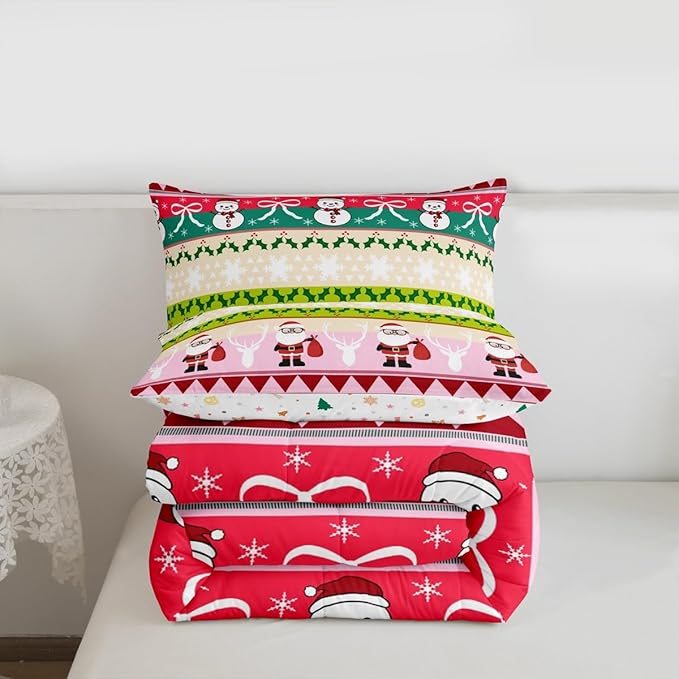 Feelyou Merry Christmas Tree Bedding Set Soft for Boys Girls, Cute Snowman Comforter Set Twin Size Santa Claus Duvet Quilt Microfiber Cartoon Bowknot Bedroom Decor 2 Pcs with 1 Pillow Cases