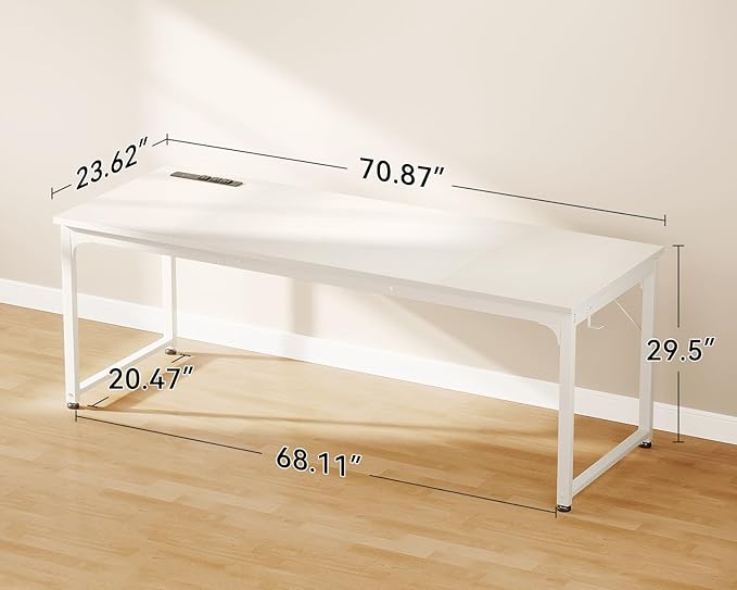 Coleshome 71 Inch Computer Desk with USB Ports, Large Office Desk, Long Study Student Writing Desk, White