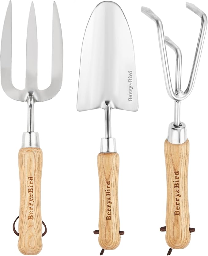 Berry&Bird Garden Tool Set 3 Pieces Stainless Steel Heavy Duty Gardening Kit Includes Hand Trowel, Hand Cultivator and Hand Fork with Wood Handle for Weeding Transplanting Digging, Ideal Garden Gifts
