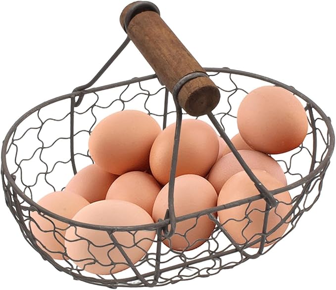 Farmhouse Egg Basket - Wooden Handle Container for collecting and storing eggs, versatile picnic farm bucket for children, boys, girls, outdoor use, perfect for camping, gardening, home eg
