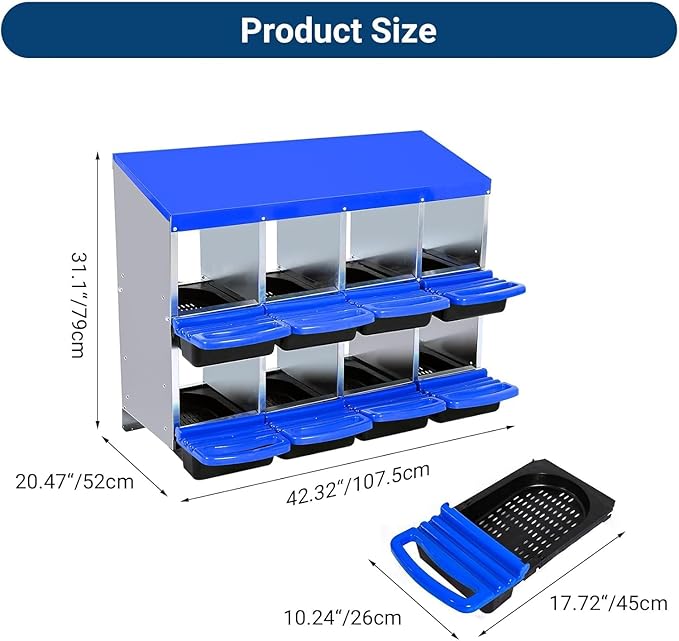 Chicken Nesting Box, 8 Hole 2 Layer Hen Nest Boxes, Roll-Away Egg Collection System with Ventilation Holes，Rustproof Plastic Tray & Keyhole Mounting, Chicken Laying Box