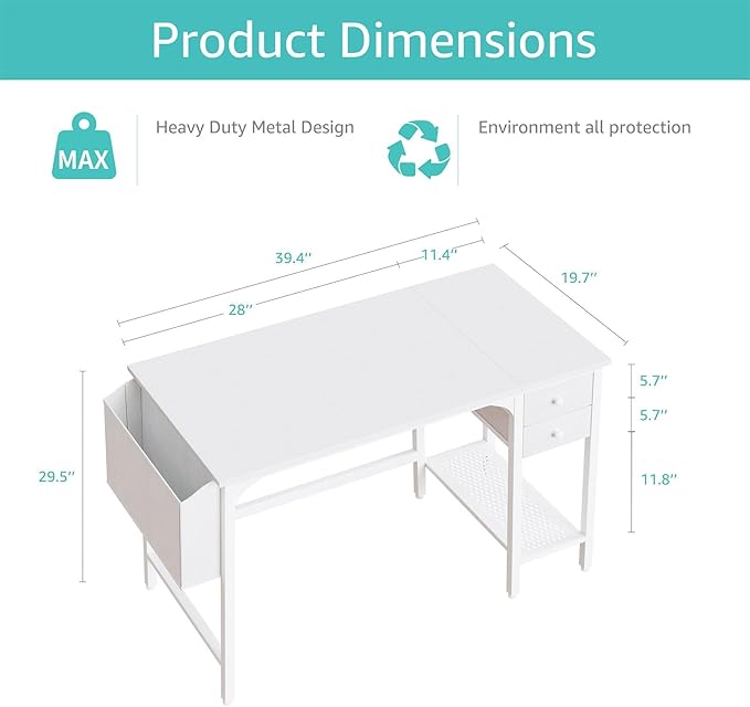 Lufeiya White Small Desk with Drawers - 40 Inch Computer Desk for Small Space Home Office, Modern Simple Study Writing Table PC Desks