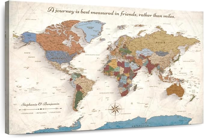 ElephantStock - Personalized Journey V Push Pin World Map Wall Art - Horizontal Canvas Wall Art - Living Room Wall Decor - Digital Art Map Canvas Art - Beige And Orange Decor - 39" x 26"