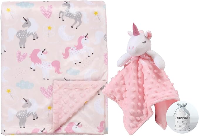 CREVENT Soft Cozy Baby Blankets for Boys Girls + Security Blanket, Set with A Gift Bag Newborn Essentials (Unicorn)