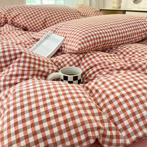 Gingham Comforter Set King Vintage Plaid Checkered Pattern Comforter Lightweight Soft Gingham Bedding Red Orange Grid Comforter with 2 Pillowcases Farmhouse Checkered Comforter Set