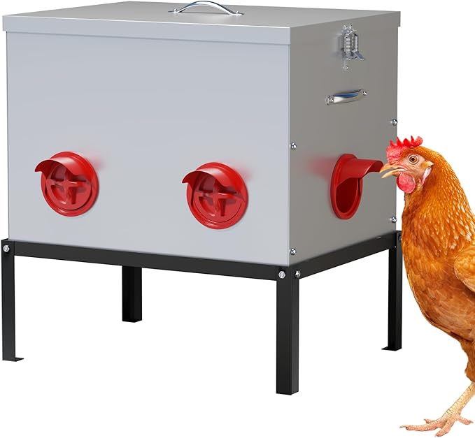 Automatic Chicken Feeder,50LBS 6 Port Large Chicken Feeder with Raise The Base Frame,Waterproof Galvanized Steel Poultry Feeder with Locking Lid for Chicken Coop