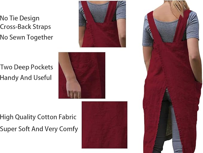 Women's Pinafore Apron with Cross Back, Pockets - Cotton Linen Apron Dress Plus Size