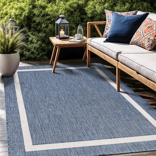Bordered Outdoor Rug 6x9 Washable Outside Carpet for Indoor Patio Porch Waterproof Easy Cleaning Non Shedding Area Rugs Blue 6 x 9
