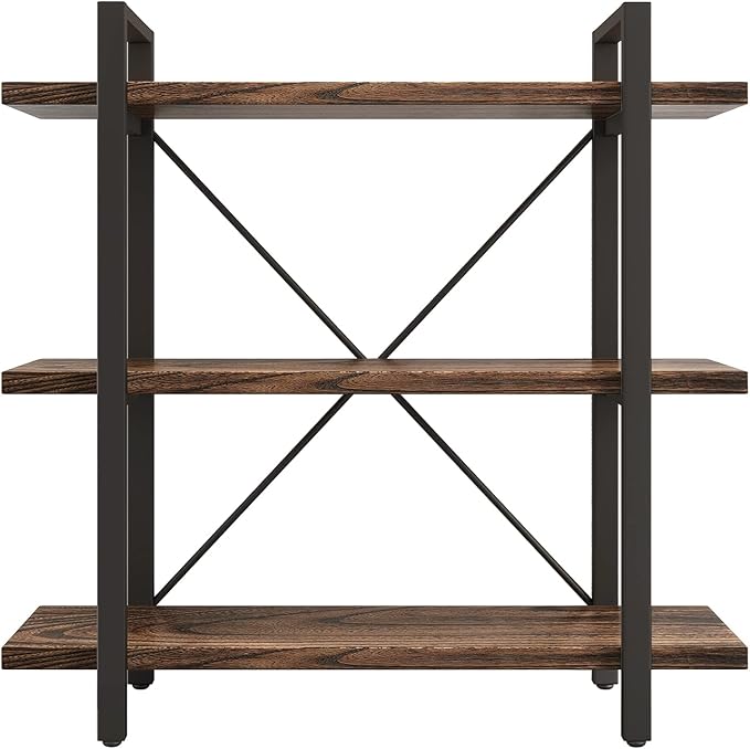 3 Tier Bookshelf Modern Rustic Open Bookshelf Office Solid Wood Bookcase and Book Shelves Wood and Metal Shelving Unit,Distressed Brown (AY-02-3Tier)