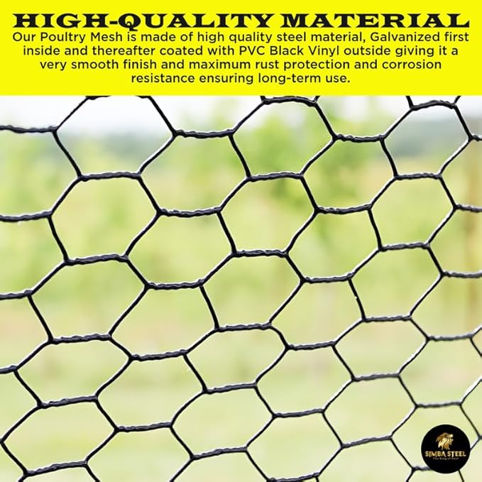 36” x 50 FT PVC Hexagonal Poultry Netting Chicken Wire | 1" Mesh | 20 Gauge | Black PVC Vinyl Coated | Rust Proof | for Garden, Fence, Chicken, Rabbit, Pet Enclosures