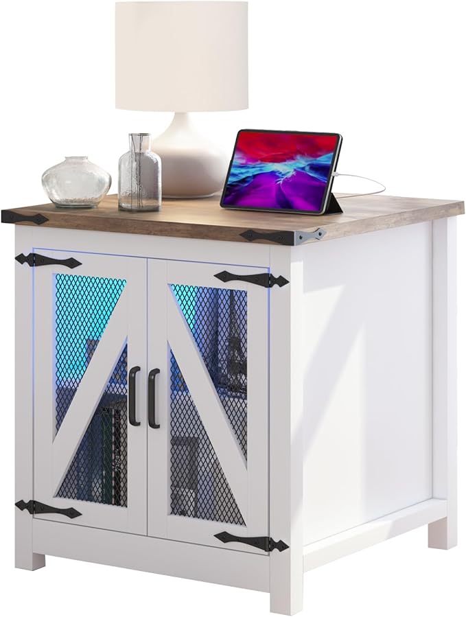Farmhouse End Table, 24" Large Sofa Side Table with Charging Station, Mesh Barn Door, and Adjustable Storage Shelf, Rustic Wood Square Nightstand for Living Room, Bedroom, Office, White &Brown